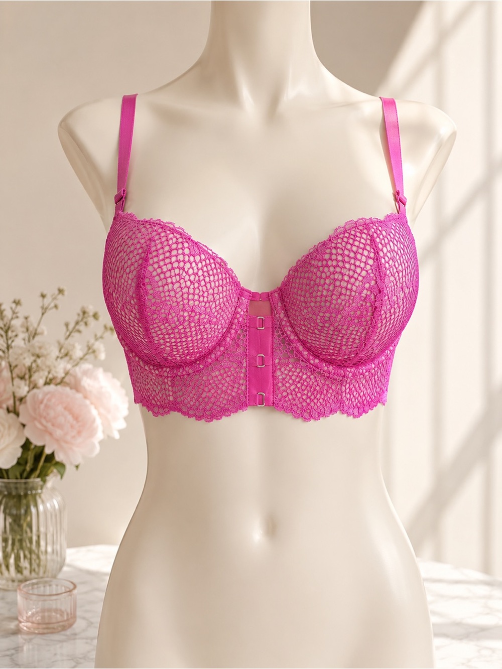 Adored by Adore‎ Me Lace Longline Bra Hot Pink 34B Underwire Mermaid Lingerie